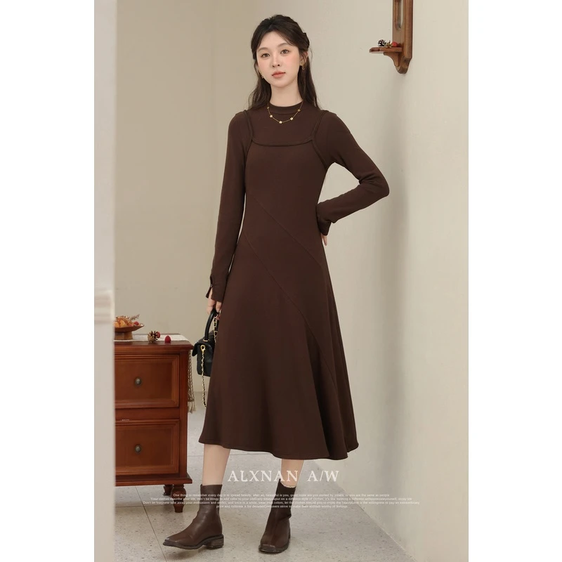 《咖色调性》假两件不规则切割设计多色连衣裙L33075