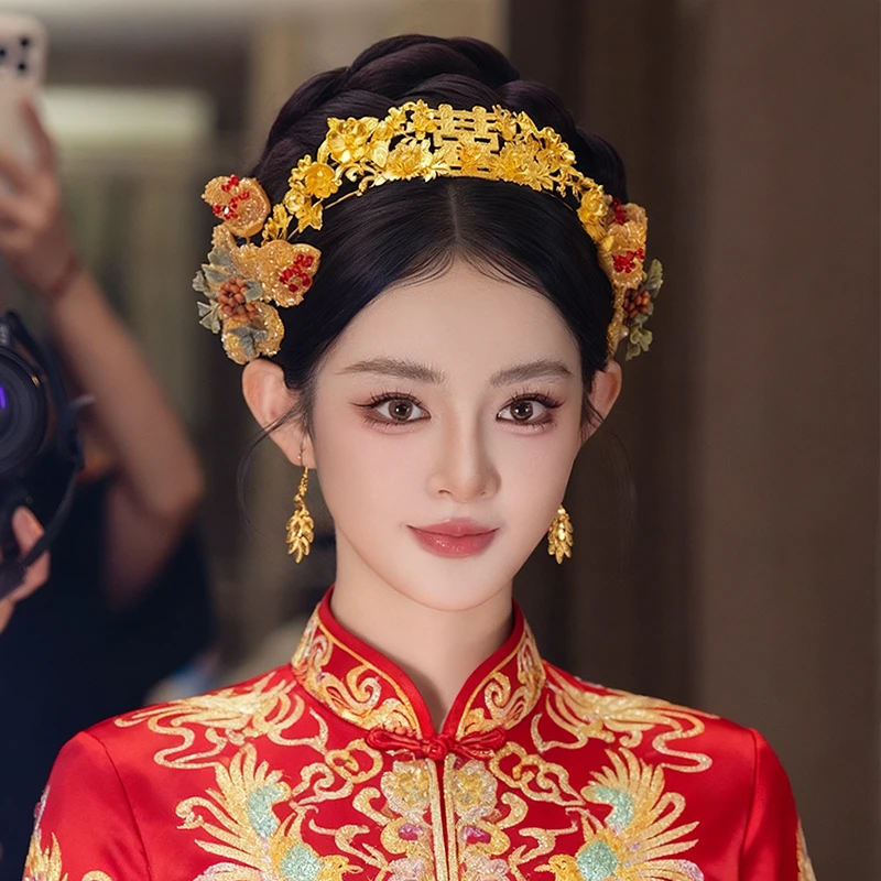 新娘中式婚礼龙凤褂金色花朵边夹订婚喜字凤冠秀禾旗袍发饰MT0196