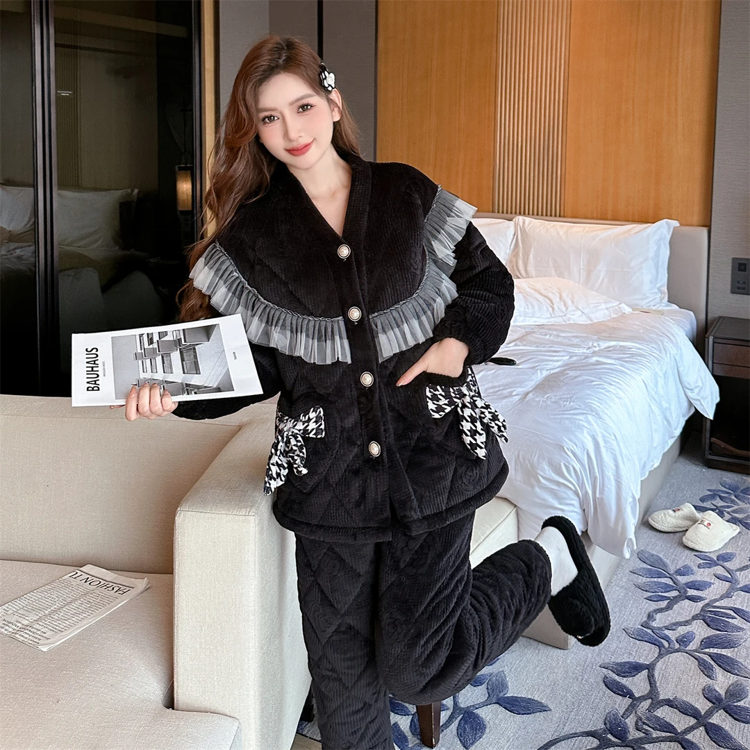 三层夹棉新款冬季长袖睡衣女黑色套装ins风可外穿家居服套装B015