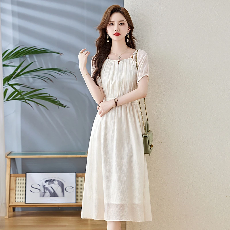 夏季新款女装韩版气质圆领收腰中长款钉珠时尚连衣裙