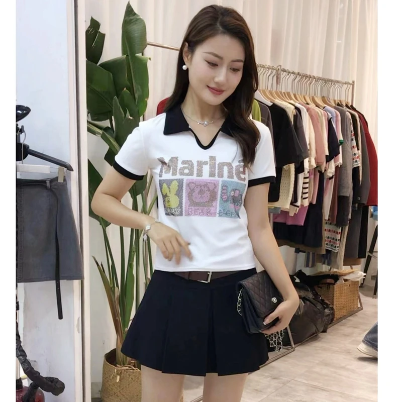 欧货时尚烫钻卡通动物短袖t恤女夏显瘦百搭设计感撞色Polo领上衣
