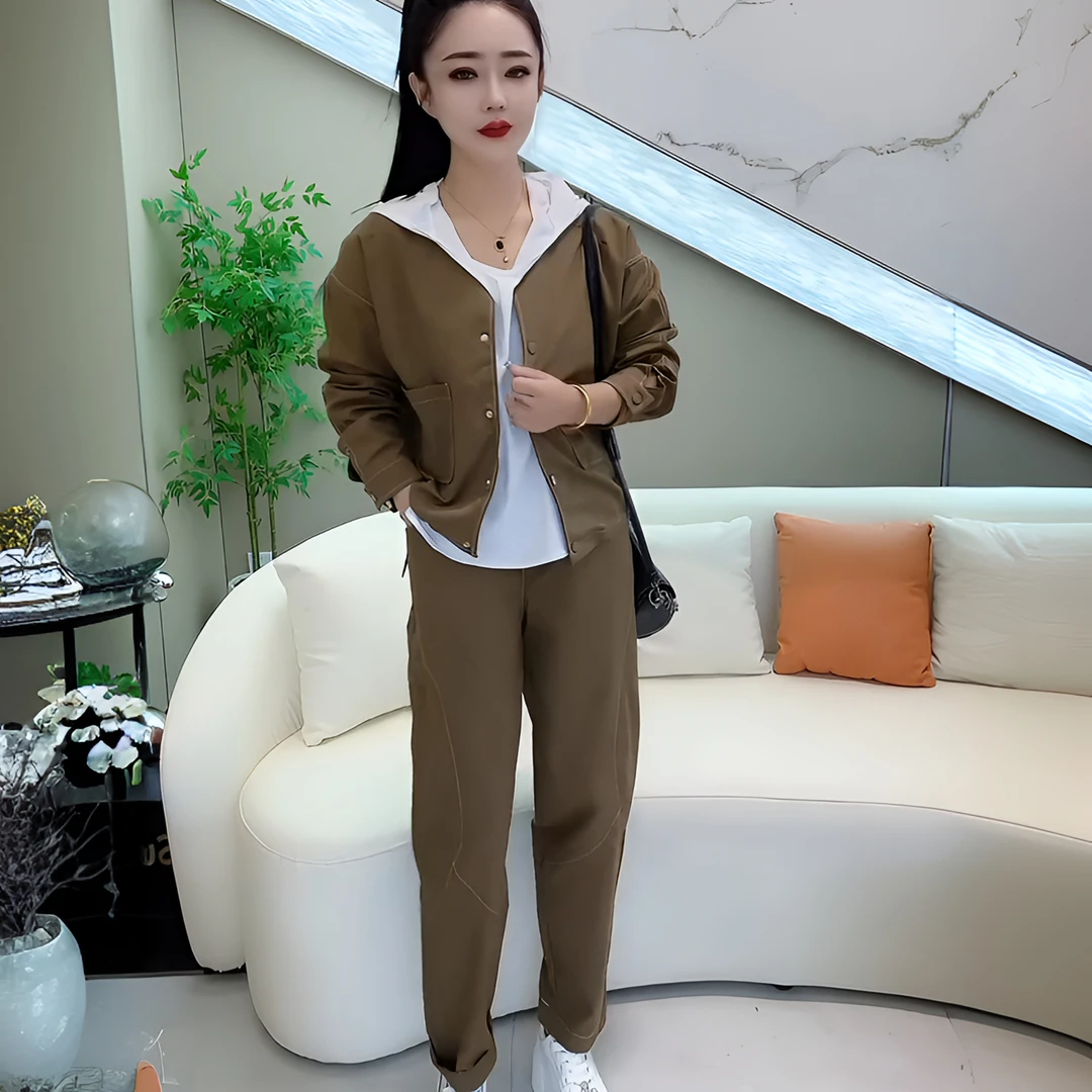 2025年秋季新款韩版休闲气质百搭开衫短款口袋上衣+裤子+帽衫套装