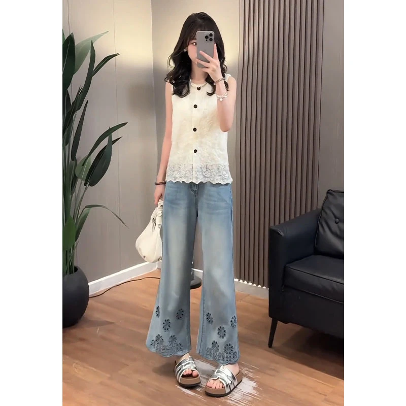 刺绣重工直筒高腰阔腿裤女2025夏季薄款九分时尚显瘦百搭牛仔裤
