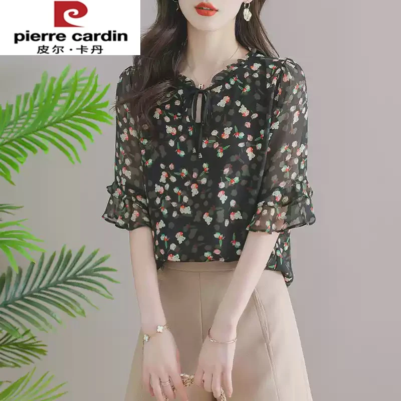 皮尔卡丹碎花雪纺衬衫女短袖夏季新款洋气时尚衬衣荷叶袖上衣气质