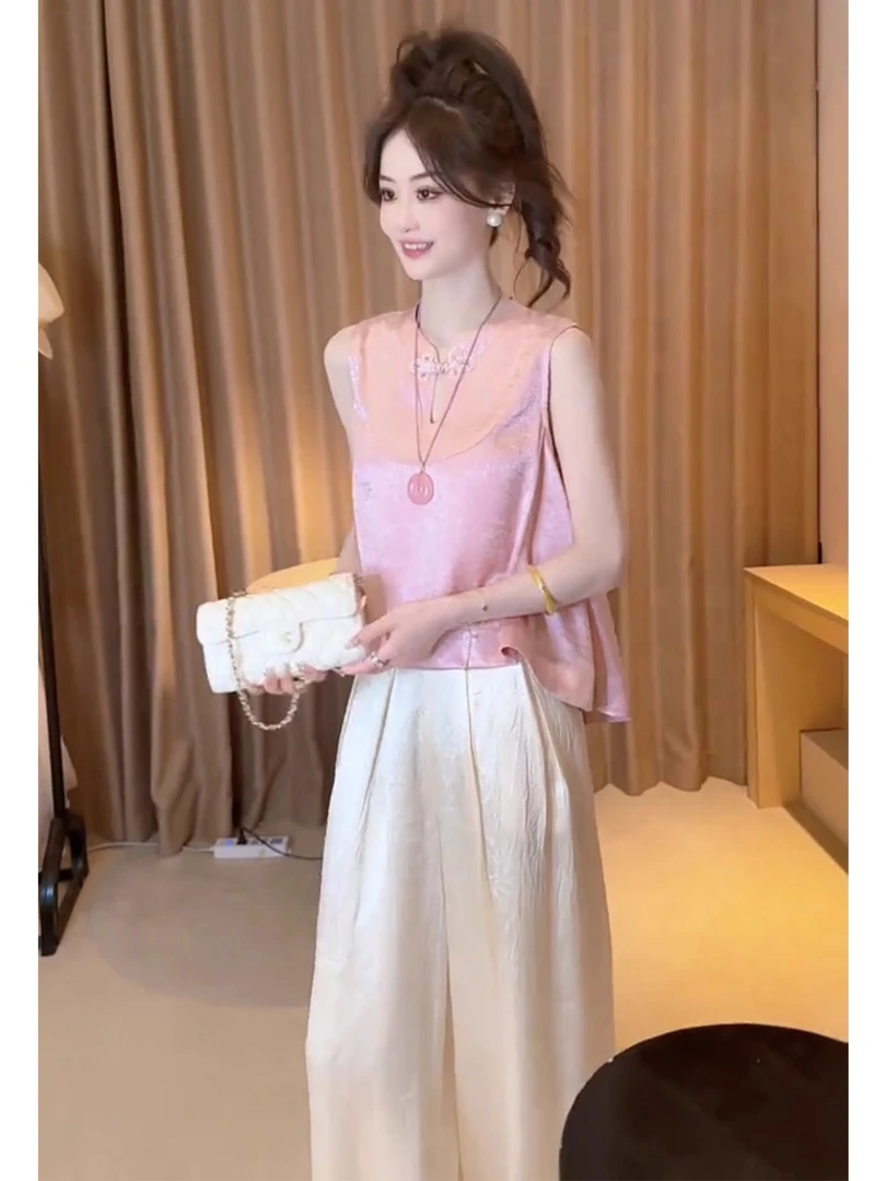 夏日多巴胺穿搭轻奢高级感绝美俏皮新中式国风粉色衬衫阔腿裤套装
