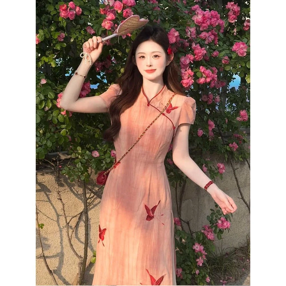 【9881】新中式国风粉色改良旗袍连衣裙女夏小个子高级感连衣裙女