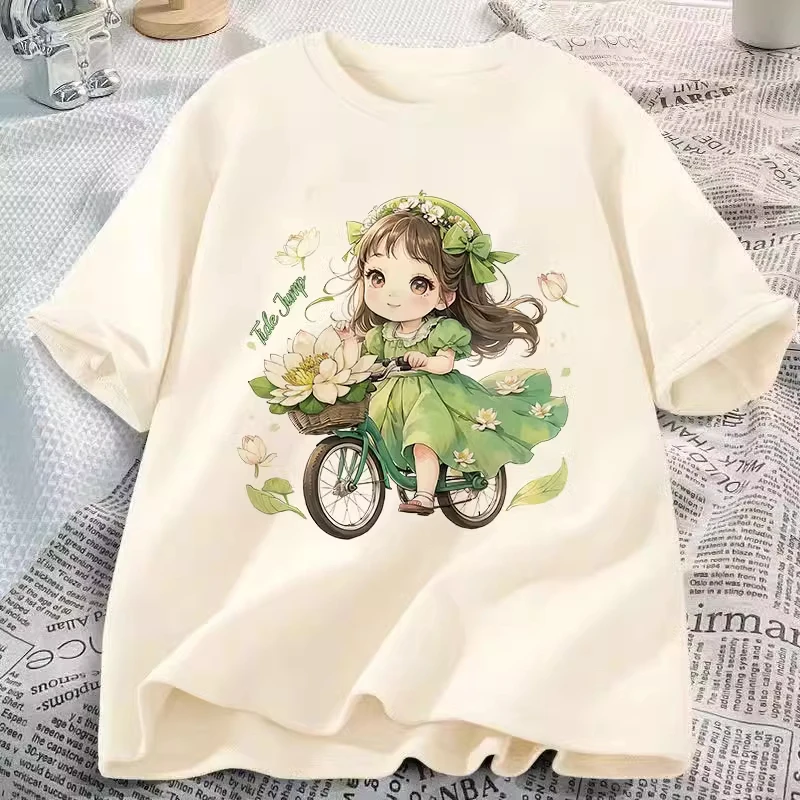 纯棉短袖t恤女夏2025新款单车小女孩印花学院风宽松百搭上衣时尚