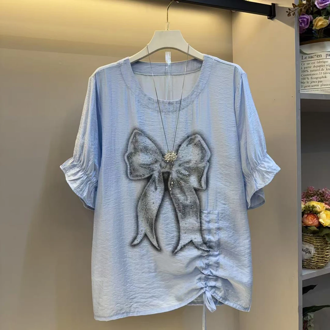 时尚大码女装夏季新款蝴蝶结抽绳设计感减龄短袖