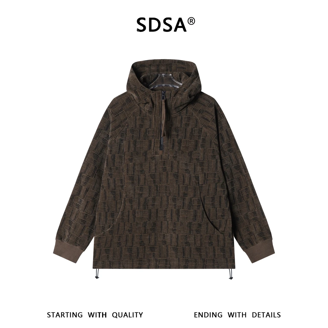 SDSA秋冬新款痞帅男装潮牌撞色编织印花半拉链立领连帽卫衣百搭