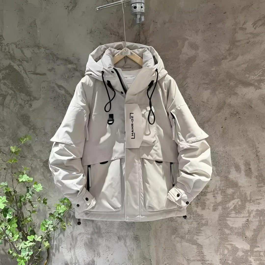 O.U.W白鸭绒抗寒连帽羽绒服男装冬季户外多口袋短款加厚羽绒外套