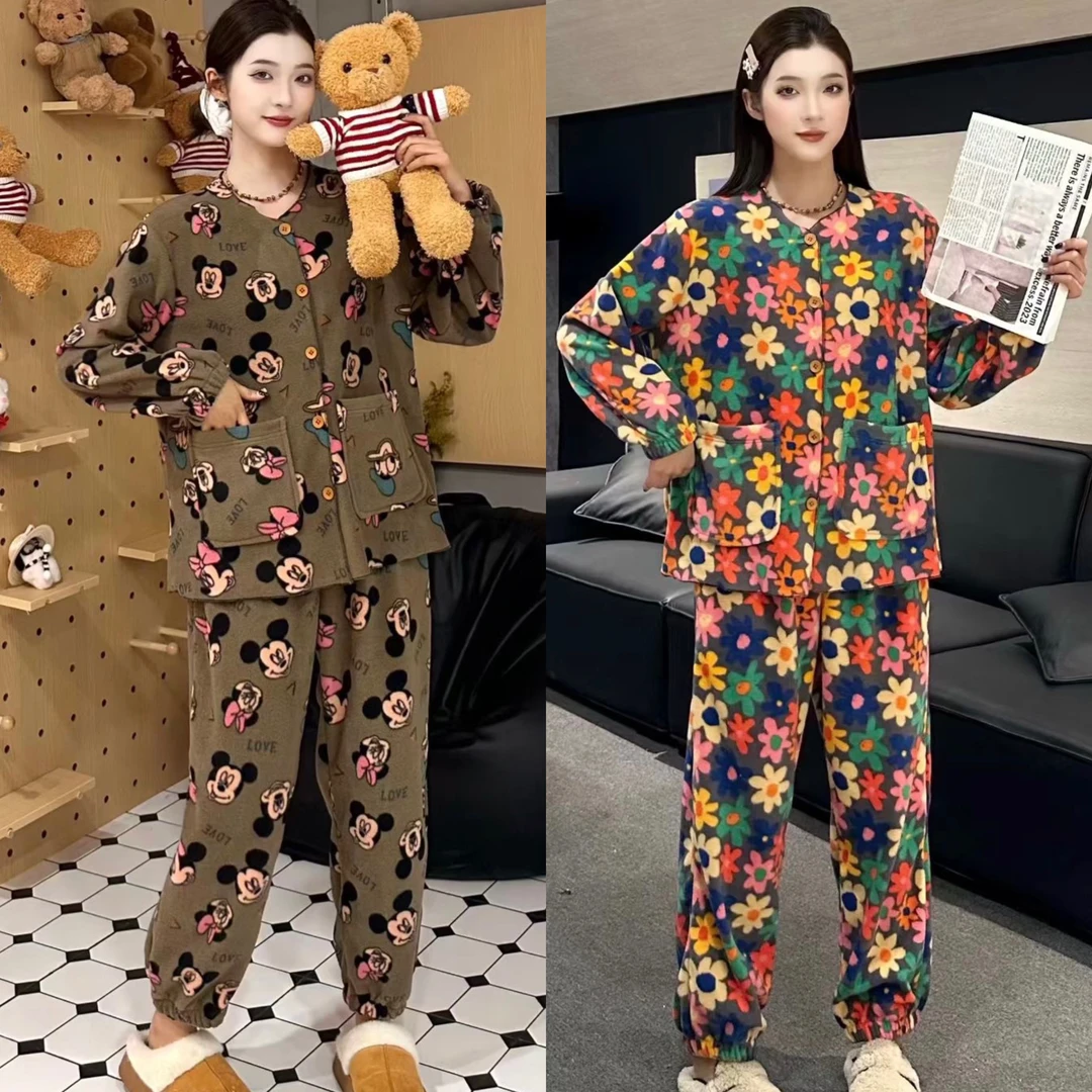 秋冬大码爆款保暖睡衣女卡通甜美舒适两件套时尚宽松家居服可外穿
