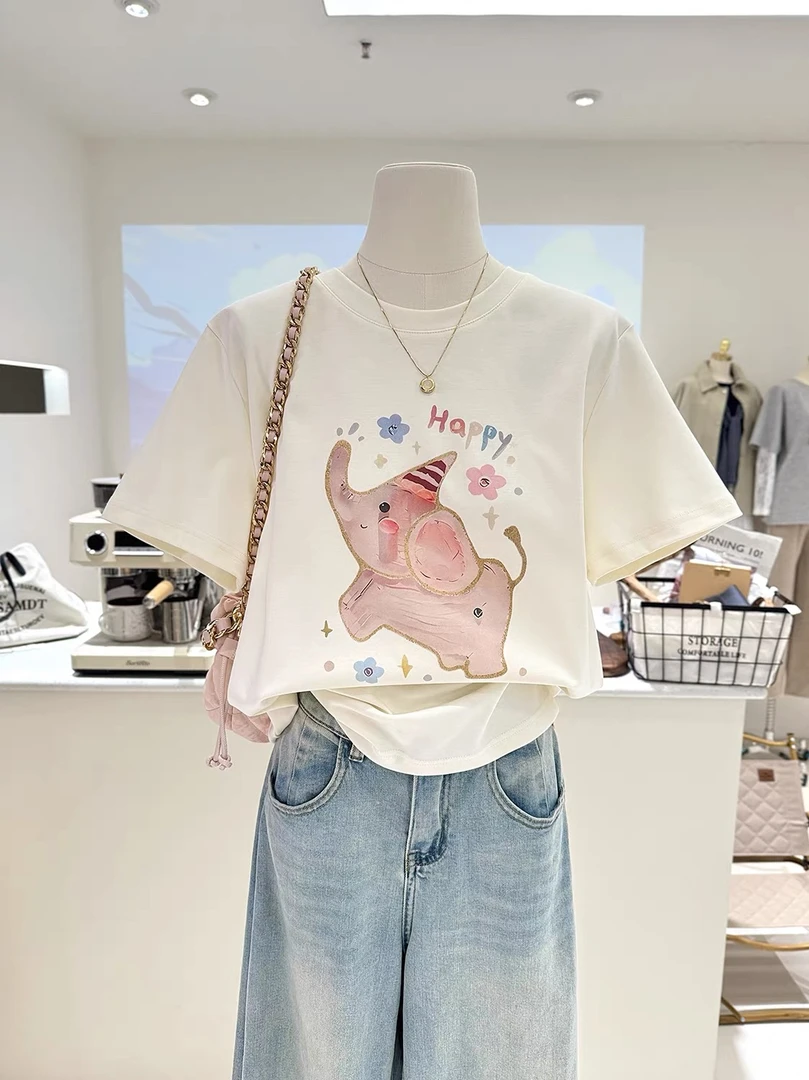 （十三行）2025夏季新款韩系百搭卡通T恤减龄印花宽松显瘦短袖上衣