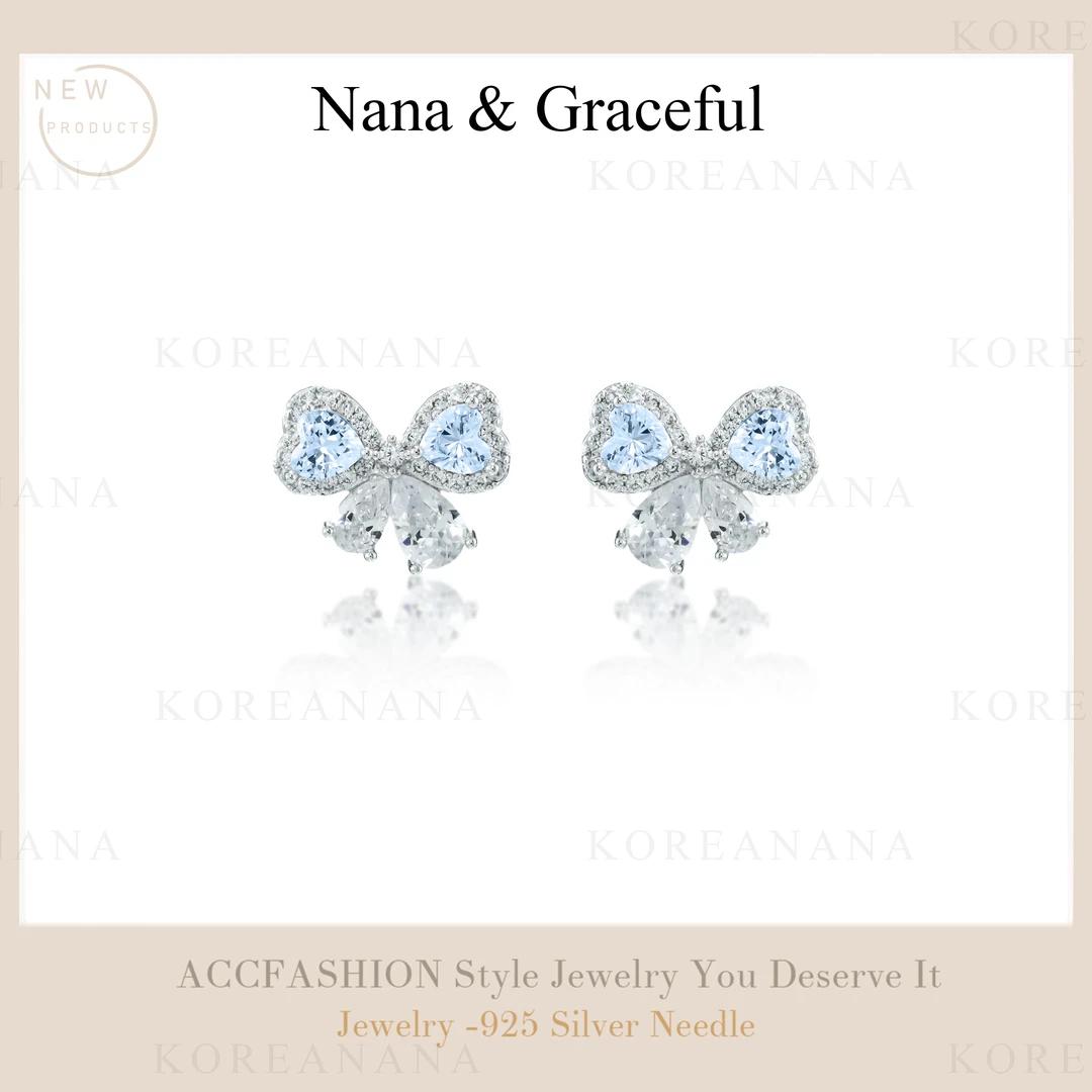 铜合金耳饰 「冰蓝甜蜜结」轻奢甜美少女时尚蝴蝶结耳钉A048