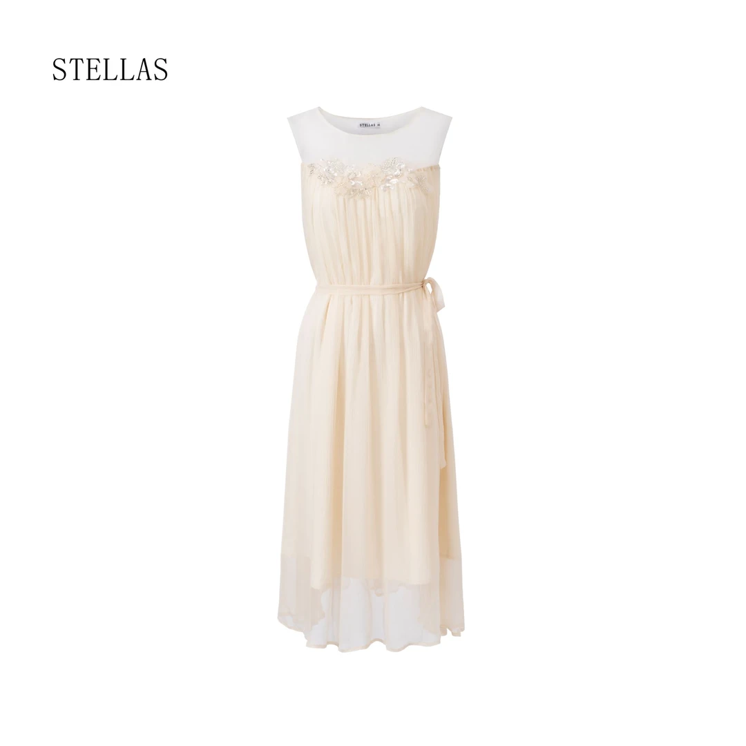 STELLAS【雾杏纱影】 舒适型立体花朵无袖系带收腰连衣裙