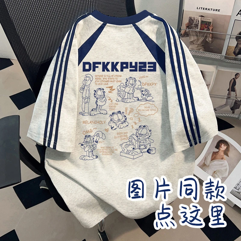 夏季vintage美式纯棉短袖T恤男女装街头插肩袖三条杠上衣百搭宽松