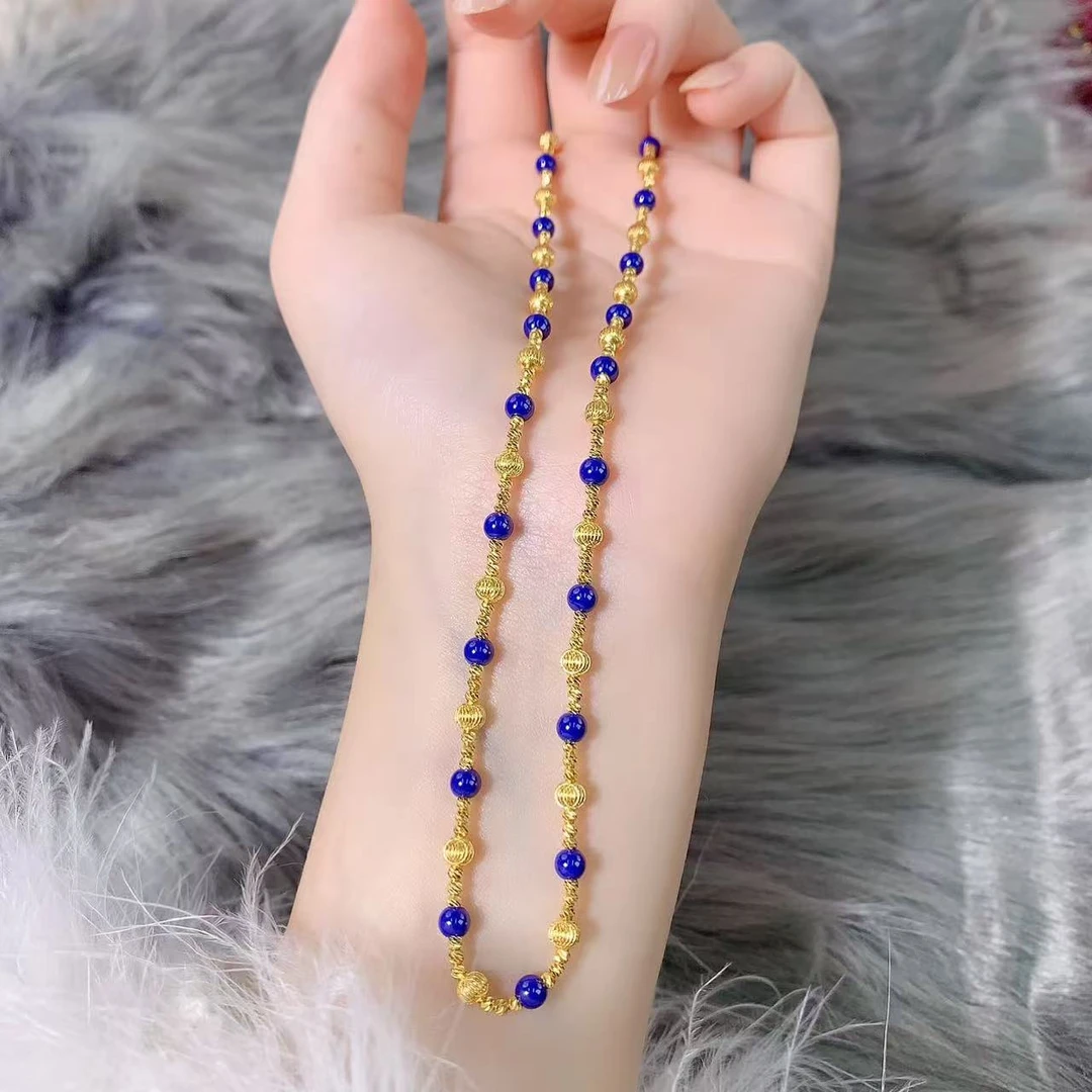 【伟新源】足金999 5G工艺 猫眼间隔蓝珠项链8.89克