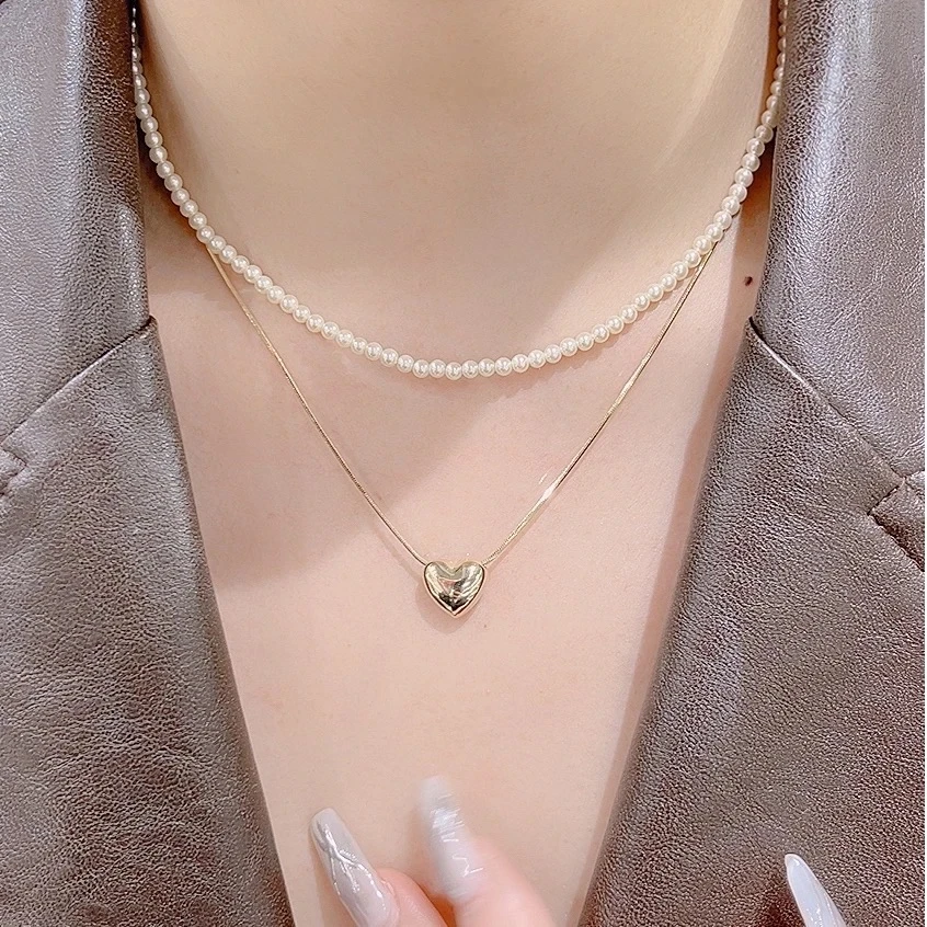 铜合金仿珍珠项链 双层爱心分开叠戴多种戴法经典款114