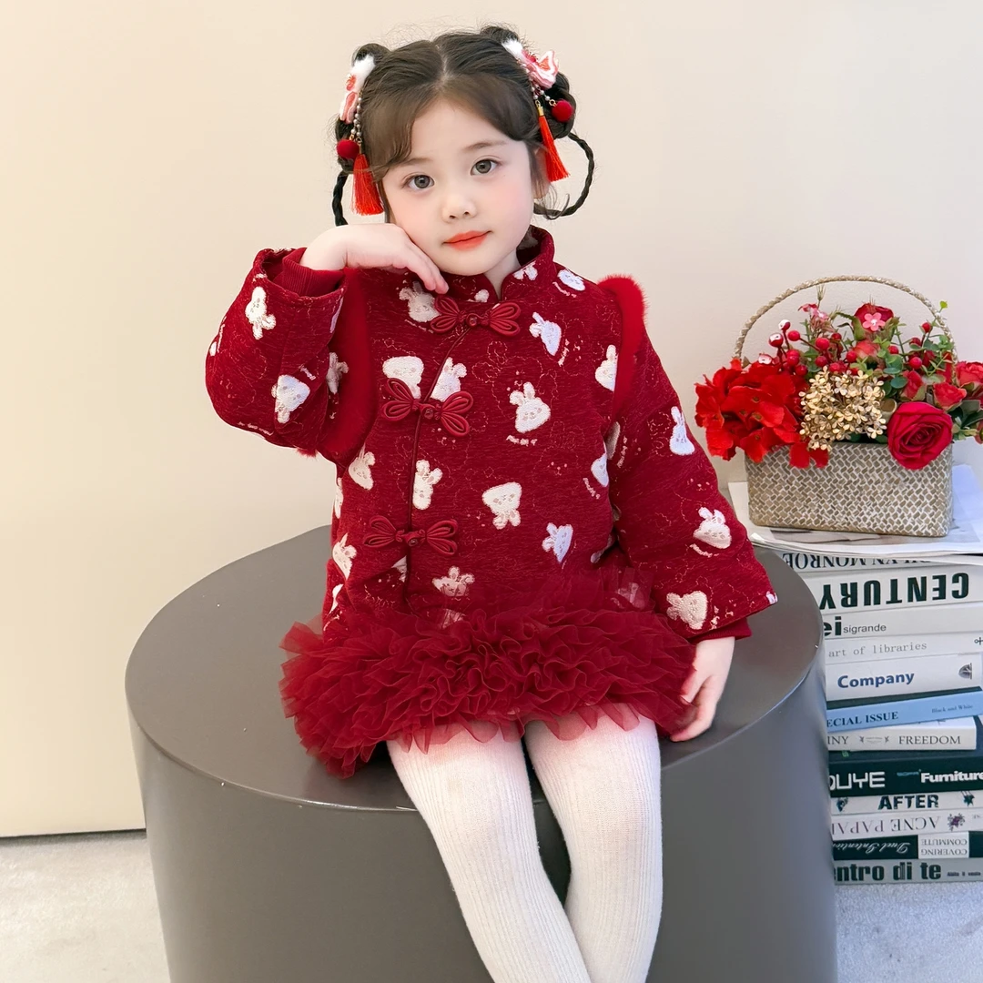女童拜年服冬季2025新款女宝宝加绒连衣裙保暖冬装儿童新年旗袍裙