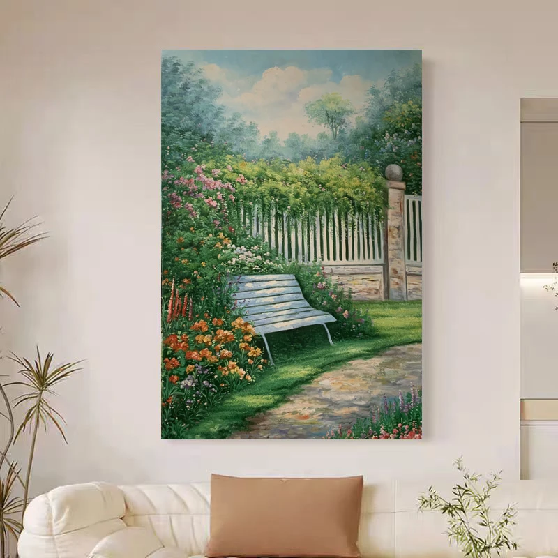 《花径闲椅》60*90含内框,刘春建手绘油画装饰画,客厅背景墙挂画