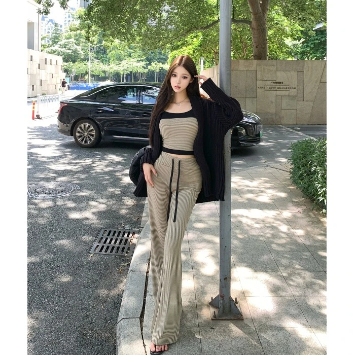 慵懒黑色针织毛衣外套吊带背心女秋季条纹套装微喇叭休闲裤三件套