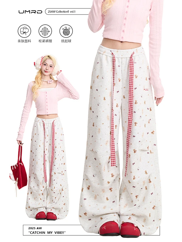 美式复古满印卡通休闲卫裤女冬季新款褶皱设计感慵懒风宽松阔腿裤