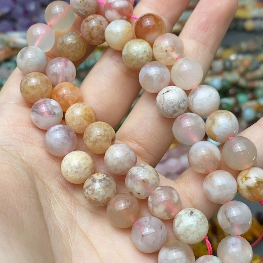 玛瑙/玉髓未镶嵌珠宝半成品樱花玛瑙圆珠约10mm一条