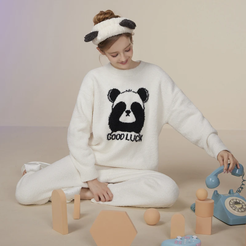 毛茸茸半边绒睡衣女卡通熊猫套头居家家居服套装冬季保暖TZ-86026
