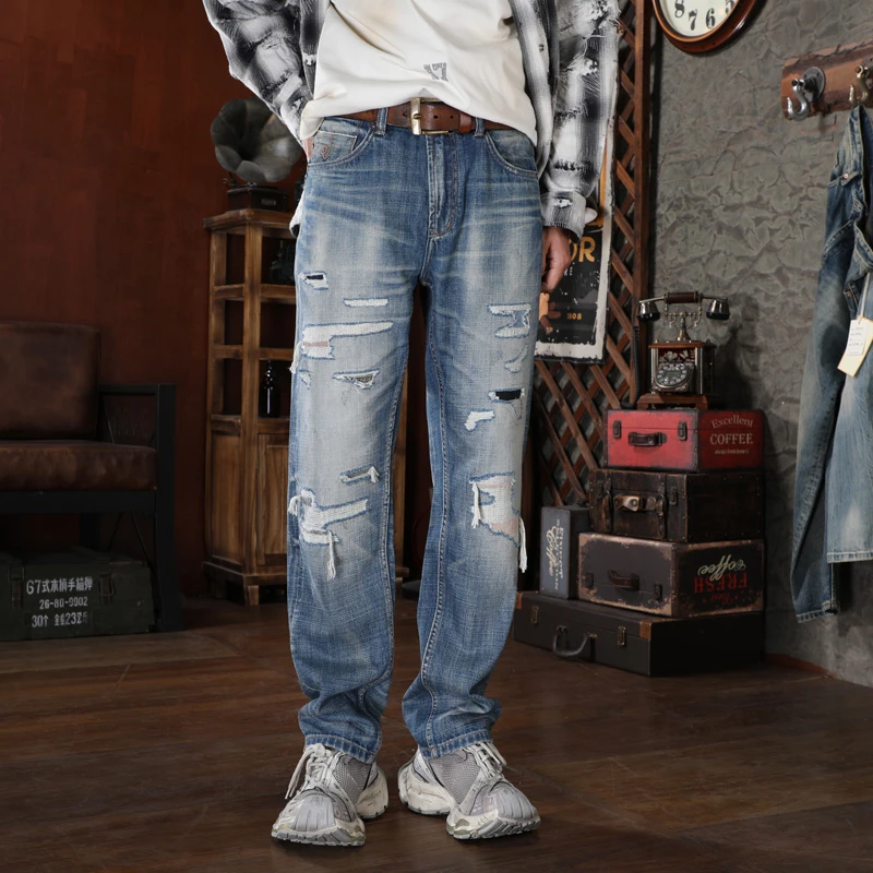 501版型破洞直筒裤石磨五袋款牛仔裤宽松百棉无弹休闲裤子复古