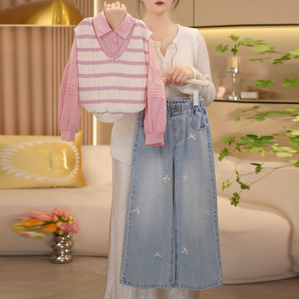 女童套装春秋季2025新款洋气儿童条纹马甲小女孩春装牛仔女童马甲