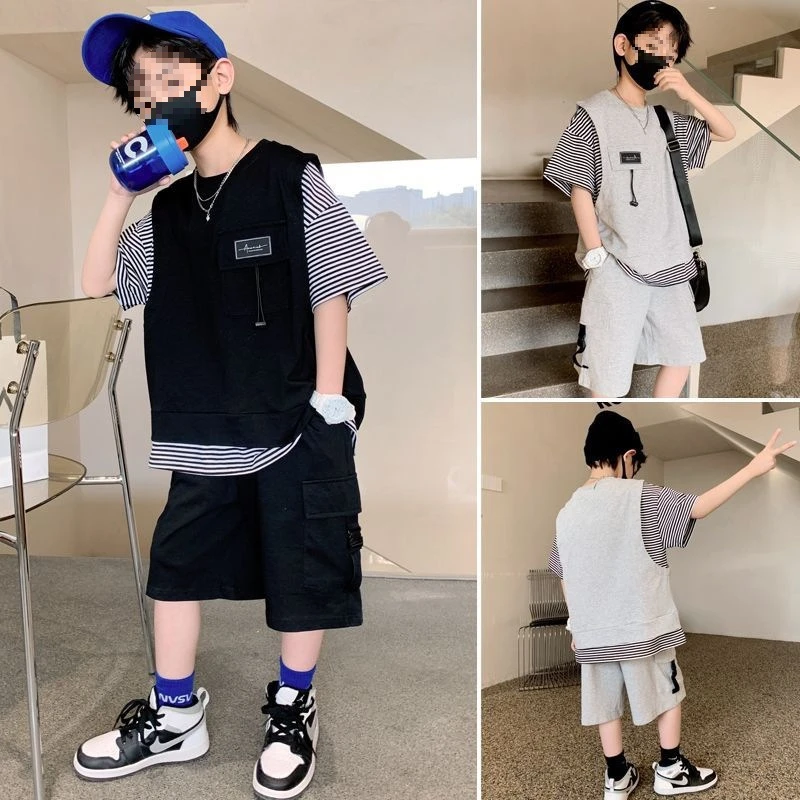 男童夏装假两件T恤短裤两件套2025新款中大童韩版上衣运动套装潮
