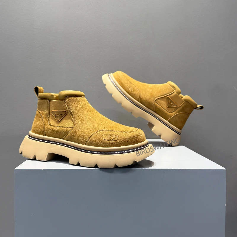 2025秋冬季加绒马丁靴男士时尚休闲复古百搭厚底增高一脚蹬工装靴