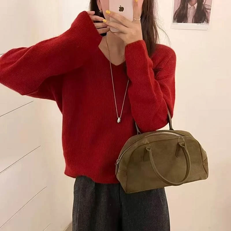松弛感！「番茄红」早秋穿搭简约气质V领毛衣休闲长袖针织衫-5269
