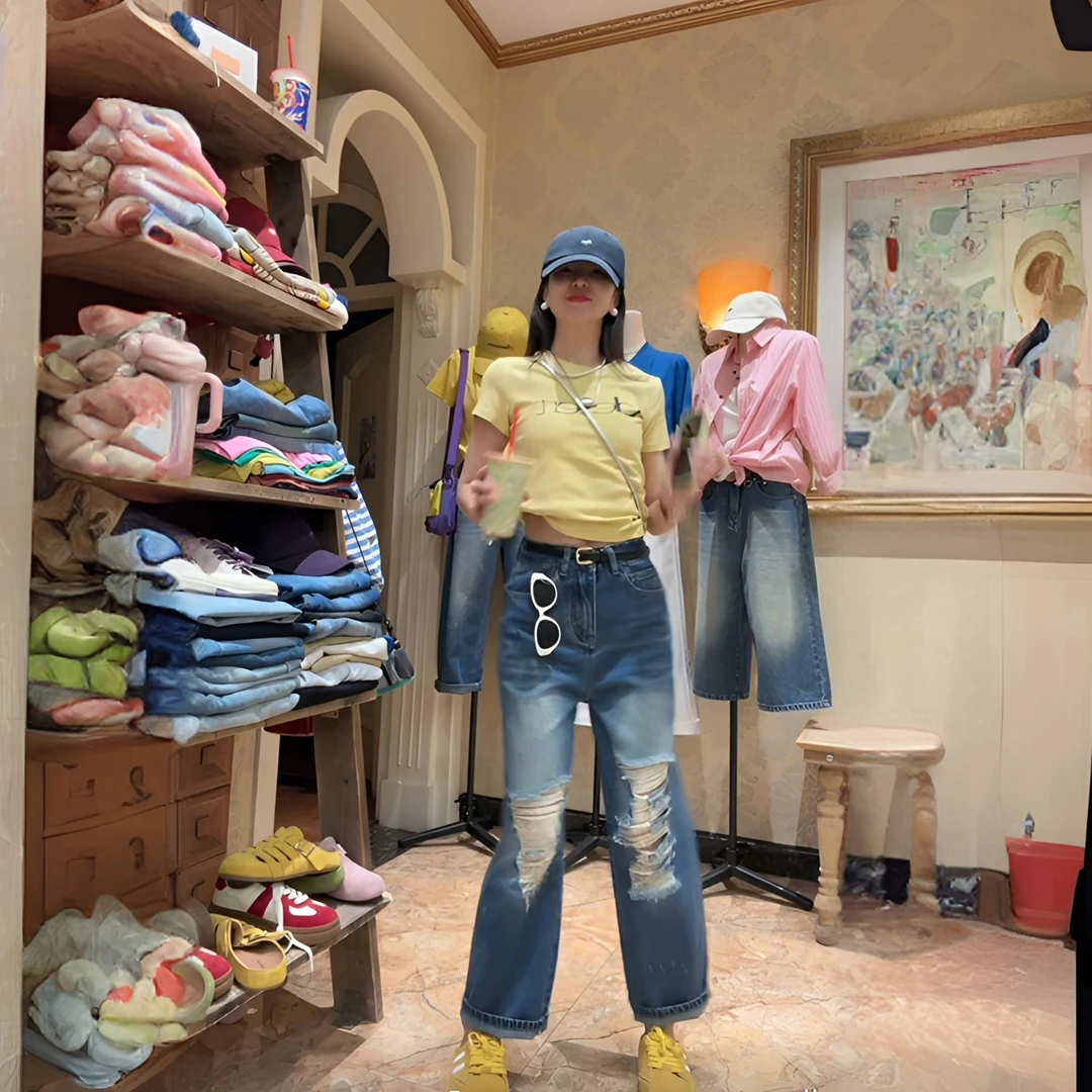 2025秋季薄款高腰复古破洞直筒牛仔裤梨形身材百搭显瘦九分烟管裤