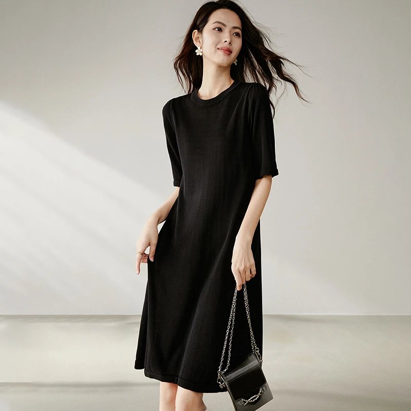 晚白短袖连衣裙质感通勤松弛感小黑裙时尚休闲茧型设计25021216