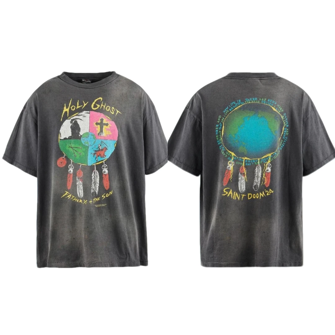 【天使标直筒工艺】saint联名羽毛洗水做旧情侣夏季美式复古短袖