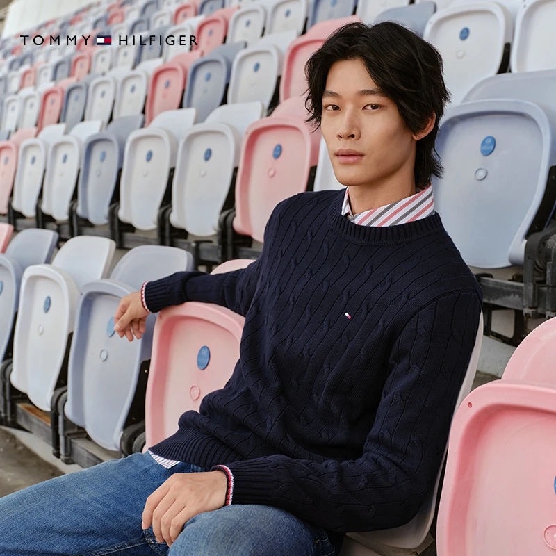 【绞花肌理】Tommy25新款秋冬男纯棉休闲镶边袖口圆领针织衫J7706