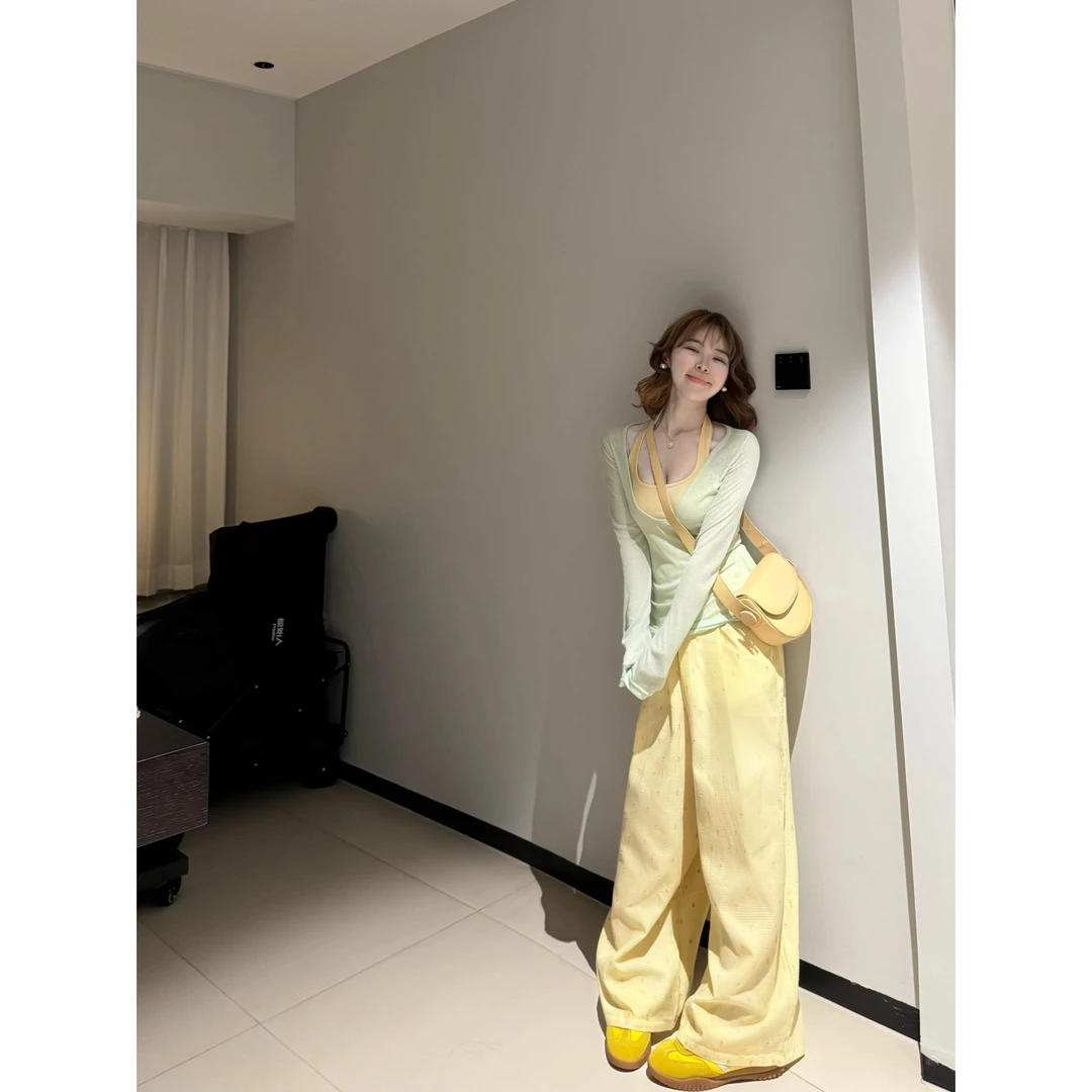 美式甜辣妹抽褶长袖t恤挂脖吊带两件套女2025夏新款防晒罩衫上衣