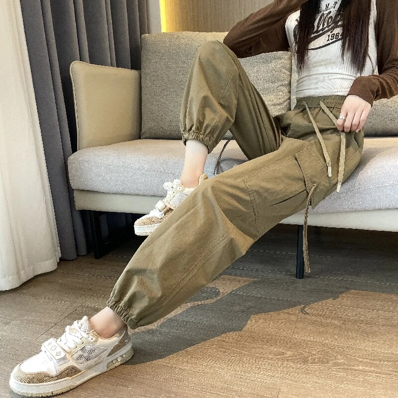 美式纯棉束脚工装裤女春秋新款高腰显瘦运动卫裤九分休闲哈伦裤子