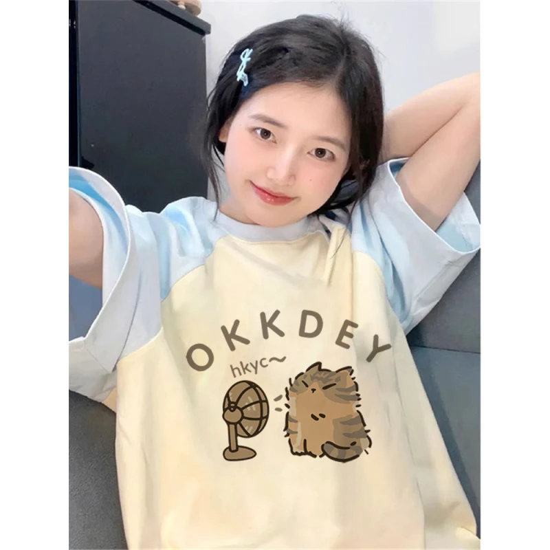 纯棉T恤女拼接插肩美式复古猫咪夏季特大码半袖胖MM圆领慵懒风ins