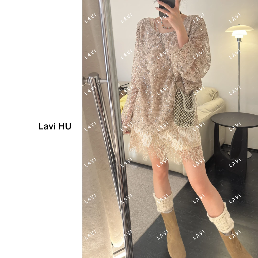塞纳河畔的星 时尚宽松镂空长袖针织亮片外搭6261