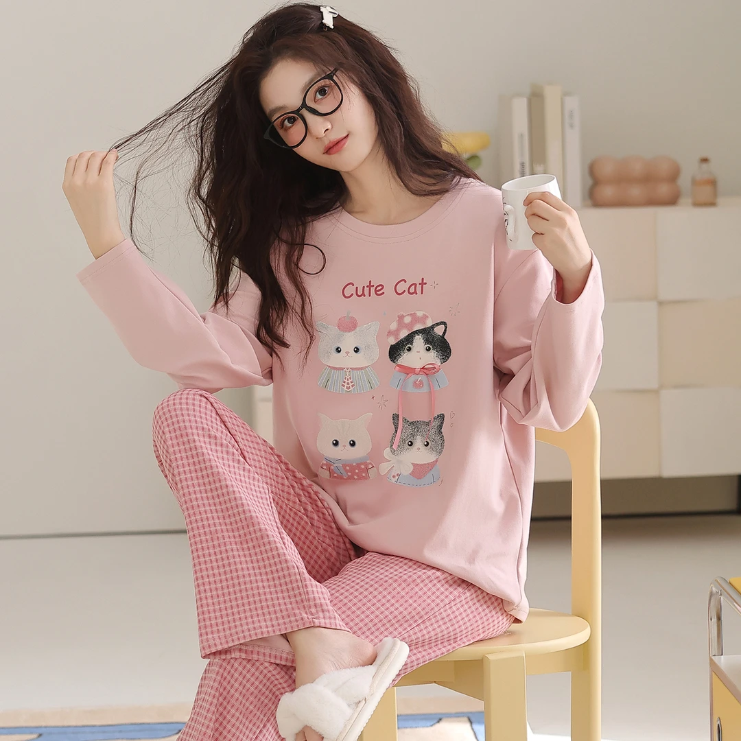 卡之恋睡衣女春秋季新款长袖纯棉粉色可爱小猫萌趣家居服