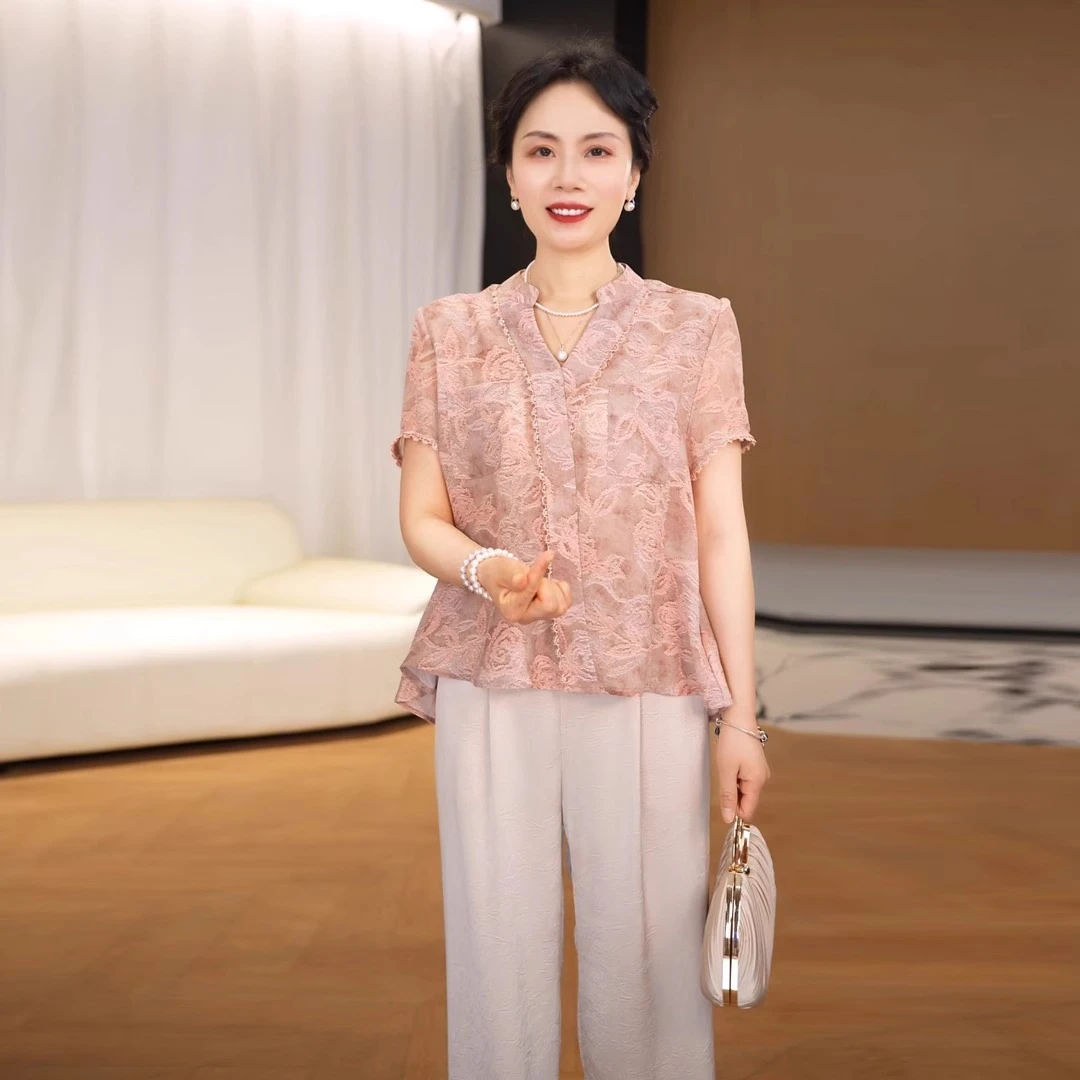 2025中年妈妈装气质小衫套装夏季新款时尚印花短袖显瘦高级两件套