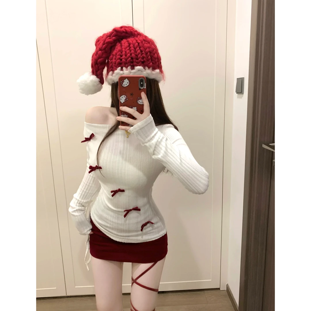 时尚百搭辣妹套装蝴蝶结露肩长袖T恤女春季红色包臀半身裙两件套