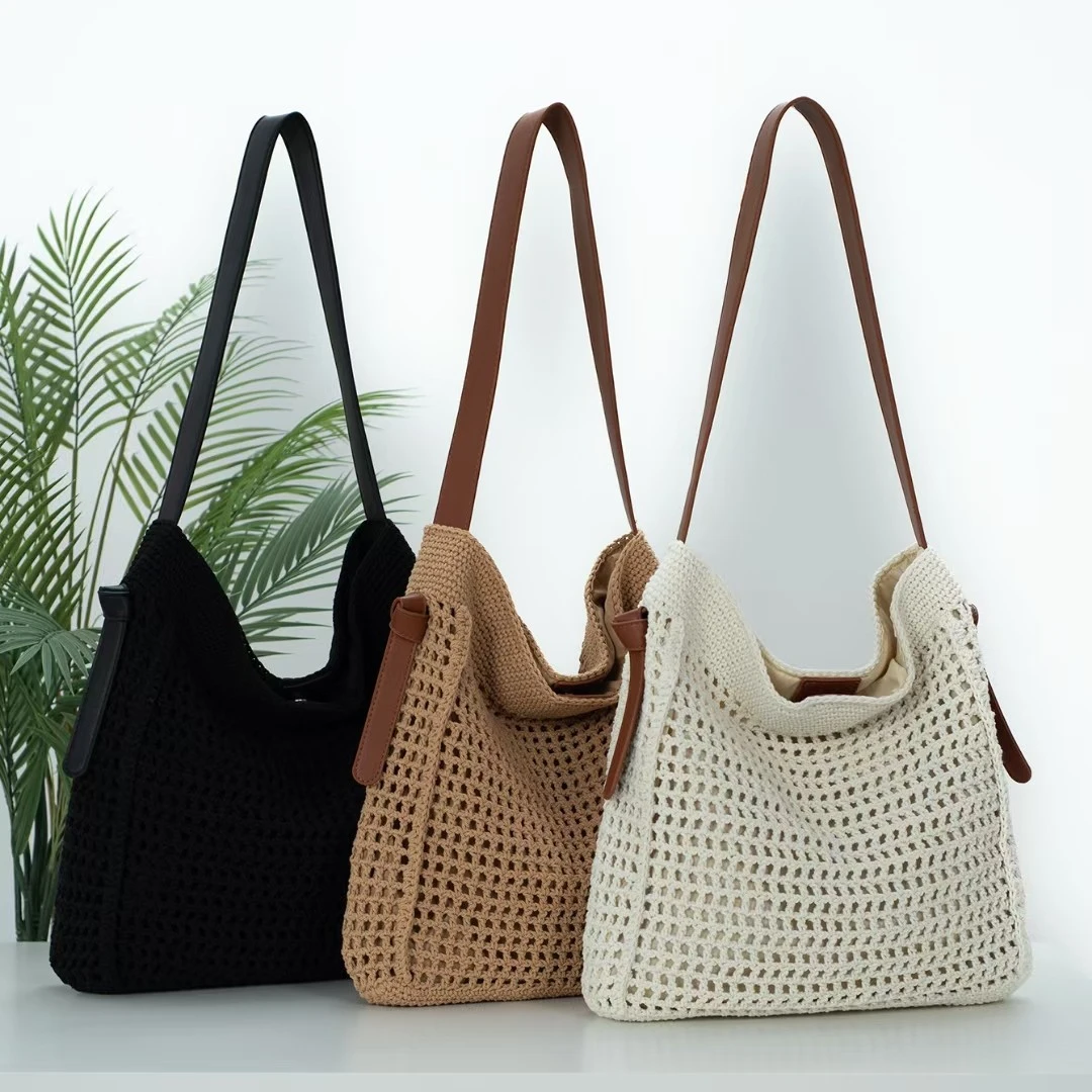 棉线拼接钩针编织新款简约大容量单肩手提包海滩度假镂空包