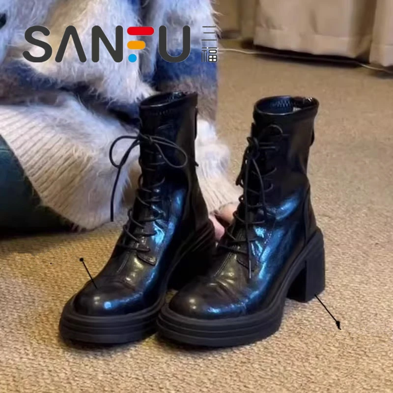 三福厚底增高7cm小个子系带马丁靴2025款显瘦后拉链女高跟瘦瘦靴
