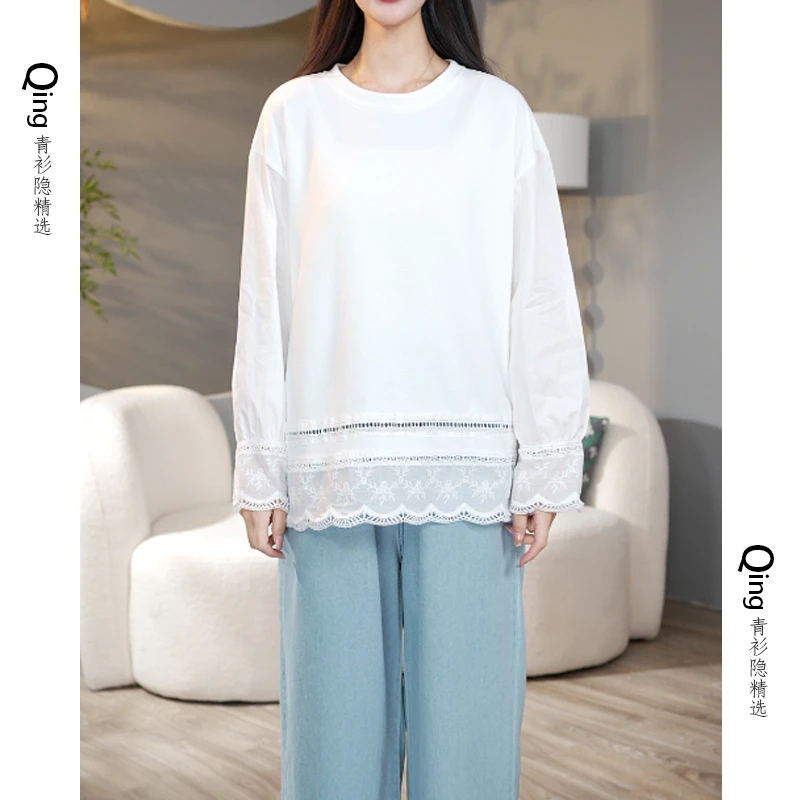 5505春季新款欧货叠穿打底衫潮蕾丝钩花拼接大版T恤女