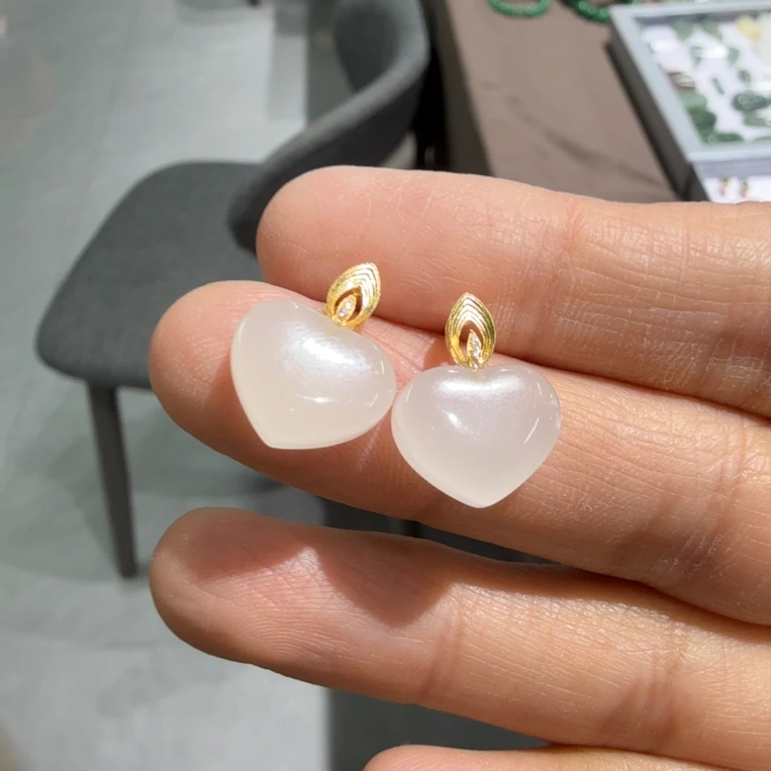 和田玉18K金镶嵌耳饰白玉心白富美多样性拍一发一