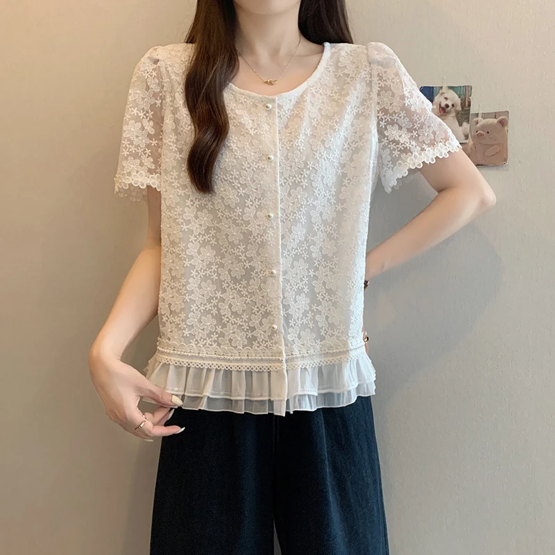 2025夏装新款胖mm大码女法式蕾丝镂空刺绣泡泡袖小衫上衣22079