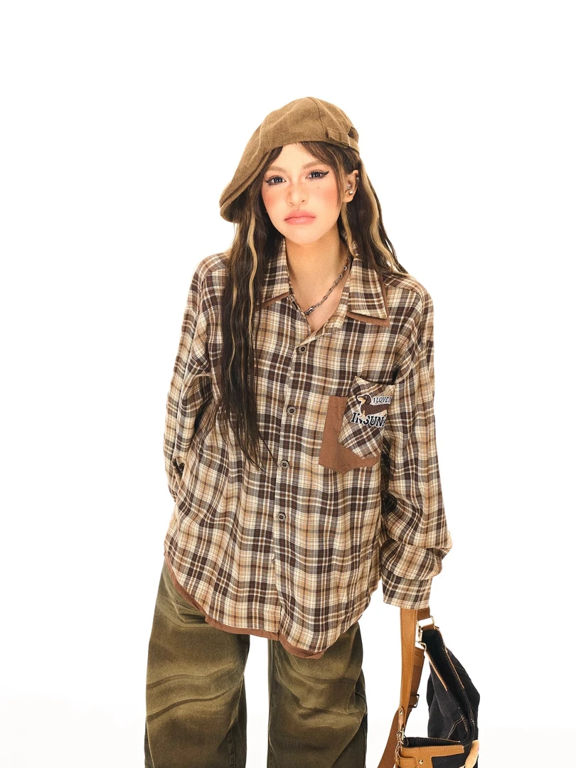 A1MP美式春秋季复古假两件格纹长袖衬衫男女款设计感宽松潮牌衬衣