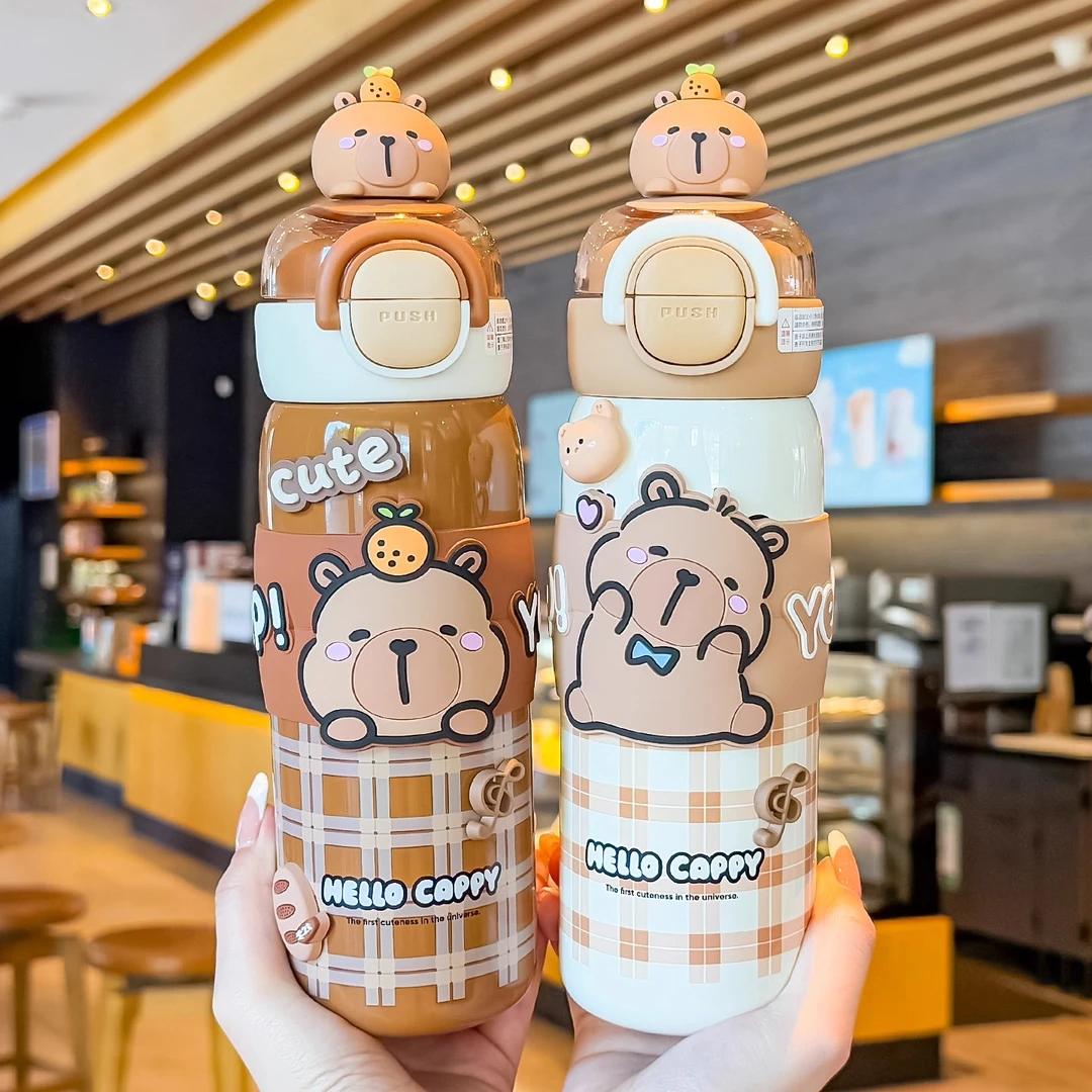 卡皮巴拉儿童保温杯女2025新款高颜值学生上学专用双饮吸管水杯子